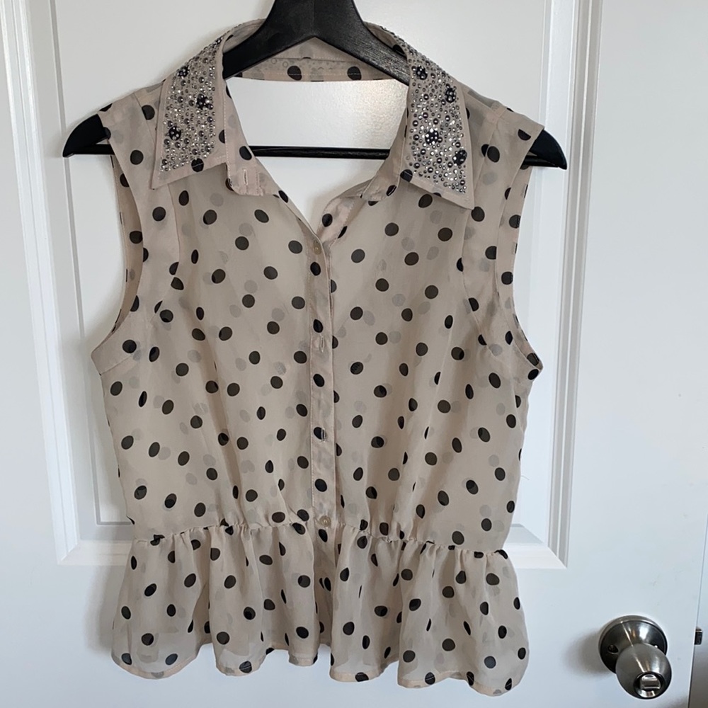 Material Girl Sheer Polka Dot Top With Studded Collar